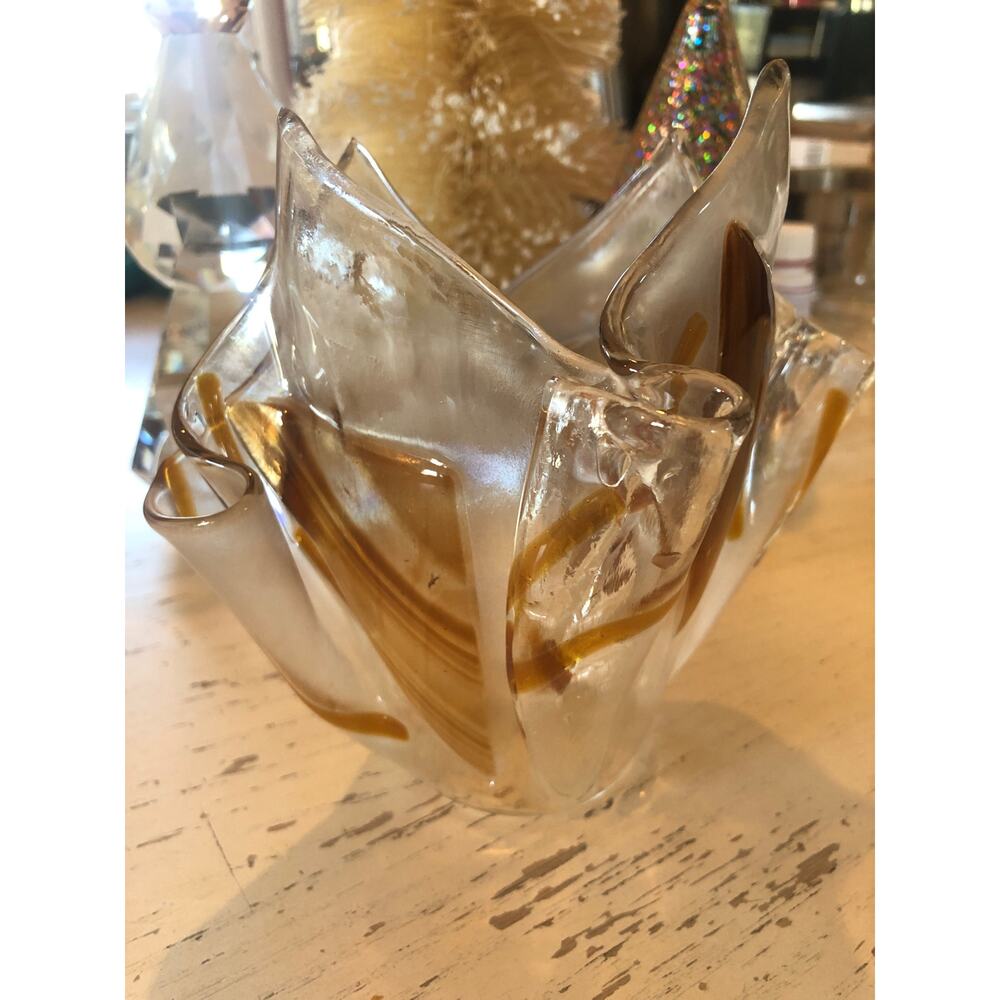 Vintage Unmarked Glass Handkerchief Vase 5" Brown and Clear